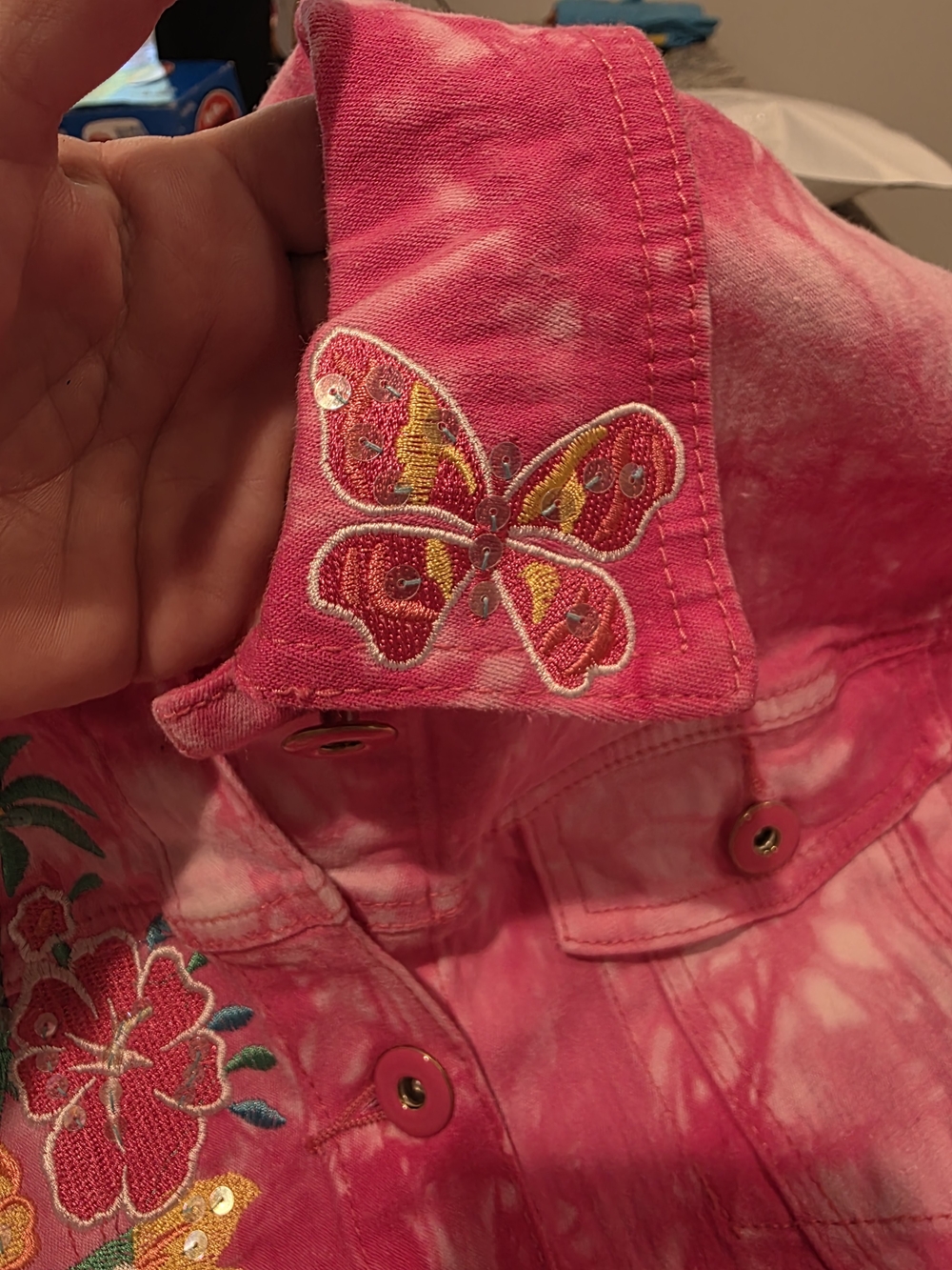 Vintage DG2 By Diane Gillman Tie Dye Floral Stitched Jean Jacket Lg - Picture 10 of 12